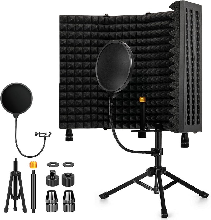 Dmsky Recording Microphone Isolation Shield with Pop Filter & Tripod Stand,Foldable Mic Shield with Triple Sound Insulation, High Density Mic Sound Shield for Studio, Podcasts, Singing,Broadcasting - Image 1